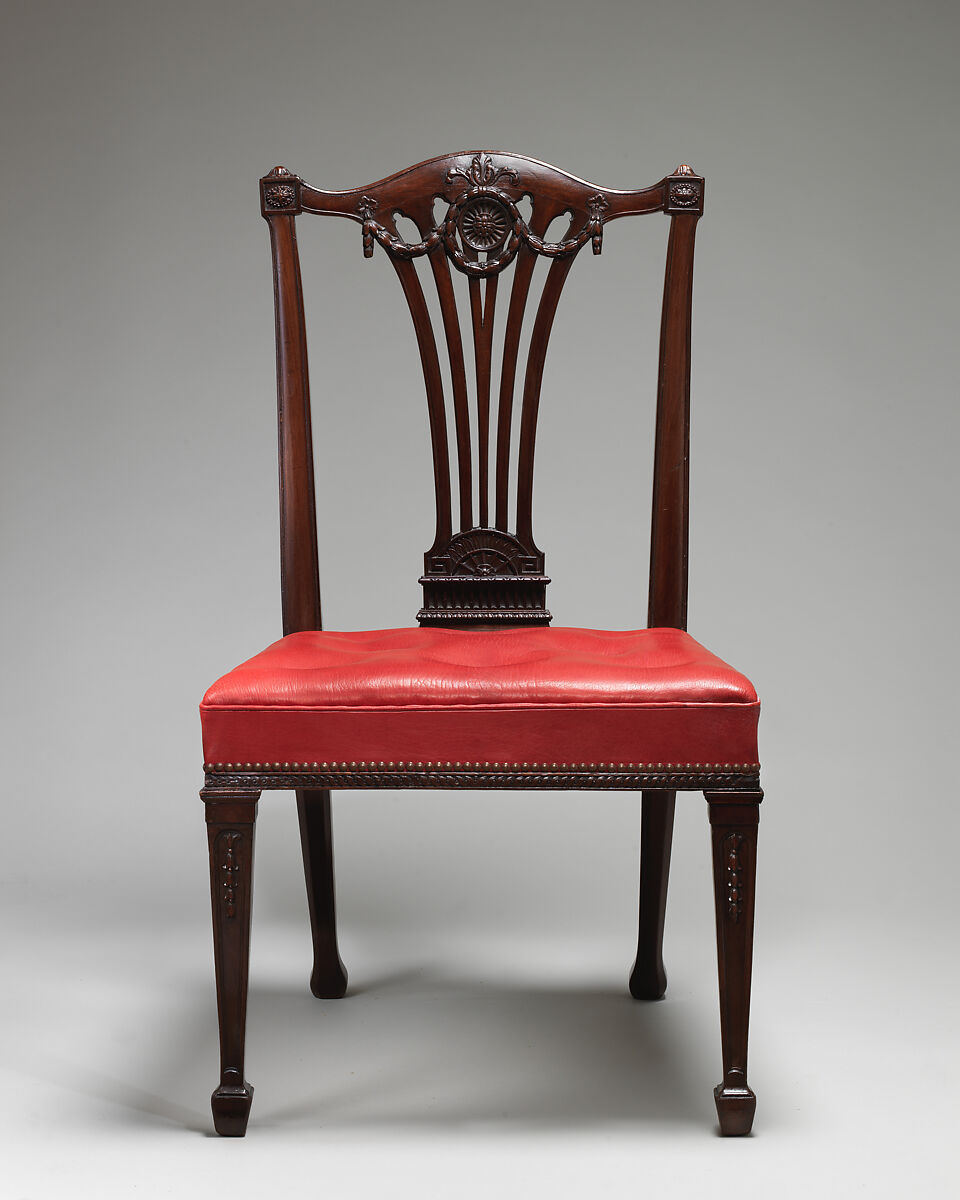 Side chair (one of a set of fourteen), Robert Adam (British, Kirkcaldy, Scotland 1728–1792 London), Mahogany, covered in modern red morocco leather, British
