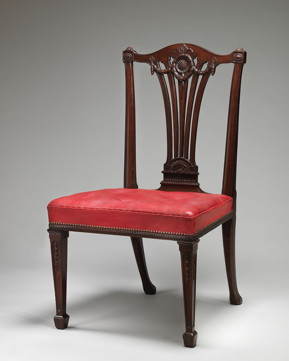 Side chair (one of a set of fourteen), Robert Adam (British, Kirkcaldy, Scotland 1728–1792 London), Mahogany, covered in modern red morocco leather, British
