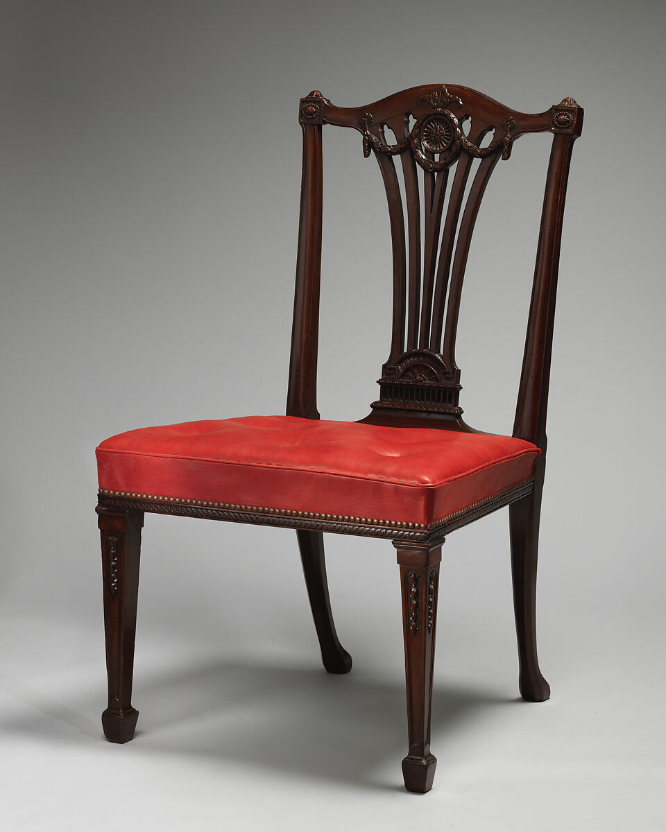 Side chair (one of a set of fourteen), Robert Adam (British, Kirkcaldy, Scotland 1728–1792 London), Mahogany, covered in modern red morocco leather, British 