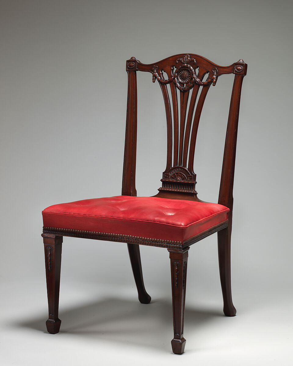 Side chair (one of a set of fourteen), Robert Adam (British, Kirkcaldy, Scotland 1728–1792 London), Mahogany, covered in modern red morocco leather, British