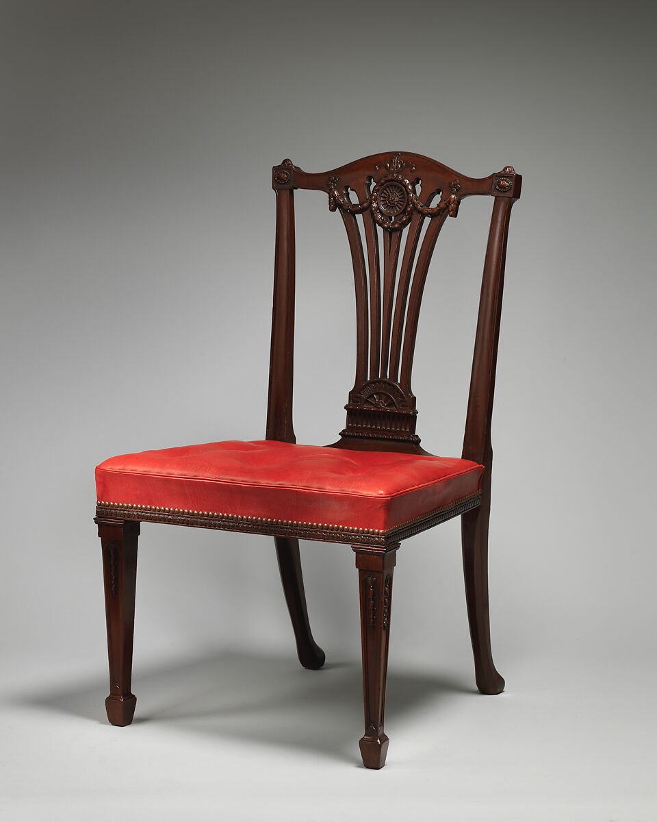 Side chair (one of a set of fourteen), Robert Adam (British, Kirkcaldy, Scotland 1728–1792 London), Mahogany, covered in modern red morocco leather, British
