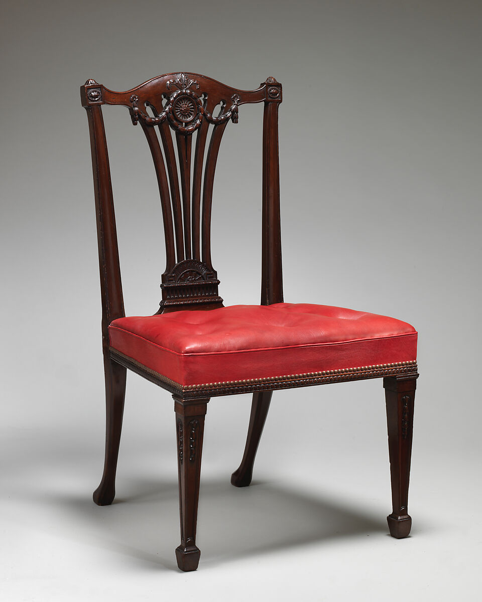 Side chair (one of a set of fourteen), Thomas Chippendale (British, baptised Otley, West Yorkshire 1718–1779 London), Mahogany, covered in modern red morocco leather, British
