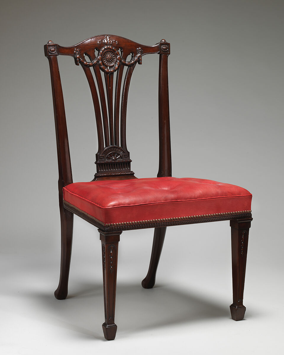 Side chair (one of a set of fourteen), Thomas Chippendale (British, baptised Otley, West Yorkshire 1718–1779 London), Mahogany, covered in modern red morocco leather, British