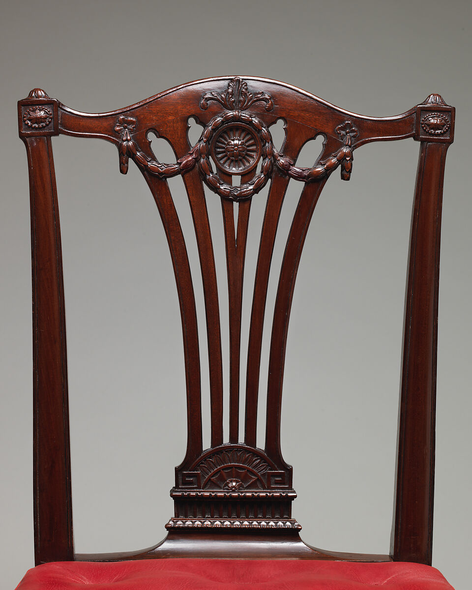 Side chair (one of a set of fourteen), Thomas Chippendale (British, baptised Otley, West Yorkshire 1718–1779 London), Mahogany, covered in modern red morocco leather, British