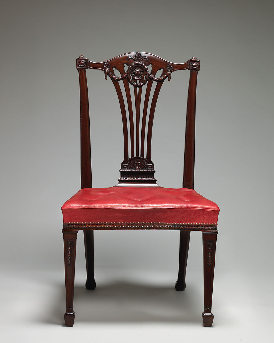 Side chair (one of a set of fourteen), Thomas Chippendale (British, baptised Otley, West Yorkshire 1718–1779 London), Mahogany, covered in modern red morocco leather, British