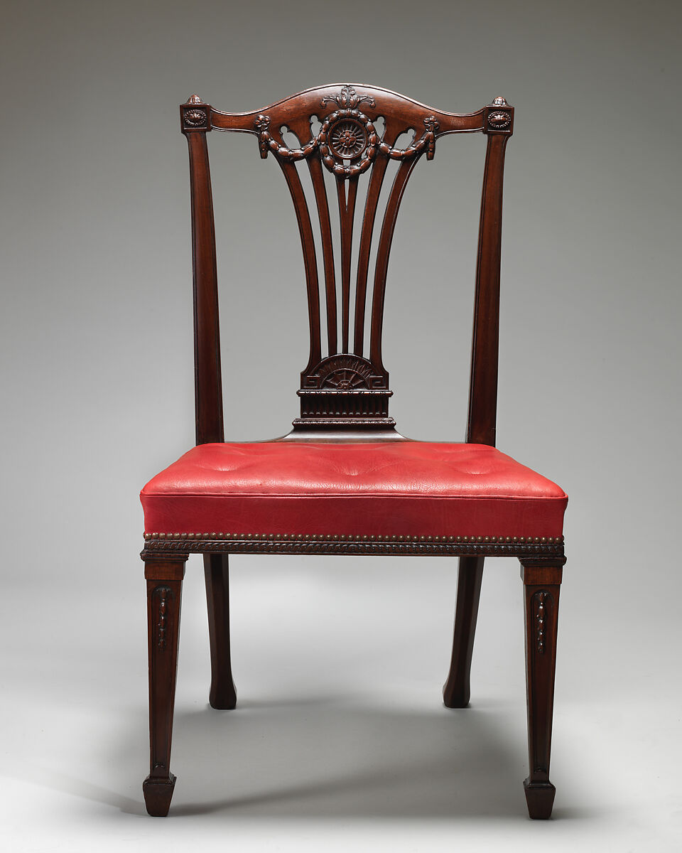 Side chair (one of a set of fourteen), Thomas Chippendale (British, baptised Otley, West Yorkshire 1718–1779 London), Mahogany, covered in modern red morocco leather, British