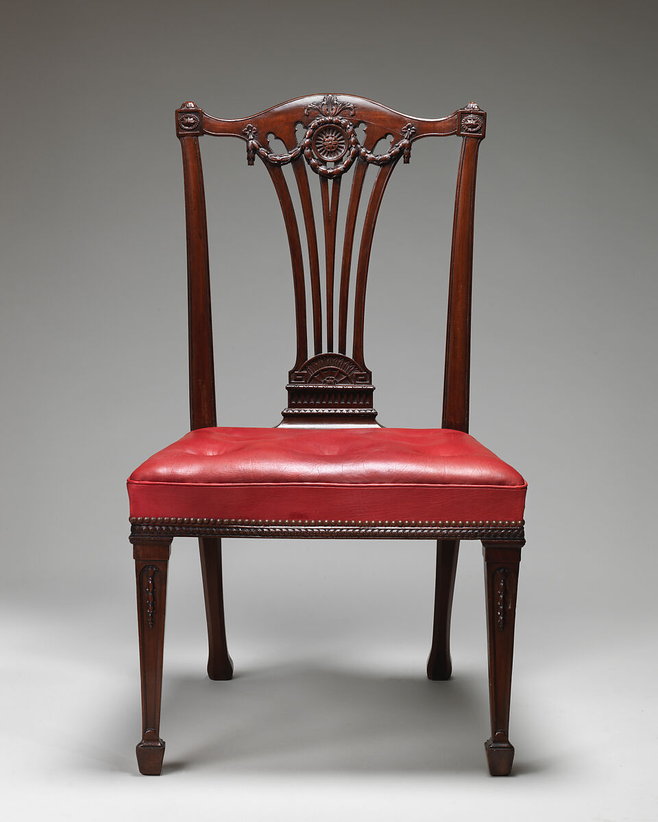 Side chair (one of a set of fourteen), Thomas Chippendale (British, baptised Otley, West Yorkshire 1718–1779 London), Mahogany, covered in modern red morocco leather, British