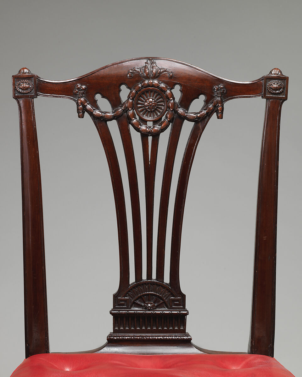 Side chair (one of a set of fourteen), Thomas Chippendale (British, baptised Otley, West Yorkshire 1718–1779 London), Mahogany, covered in modern red morocco leather, British