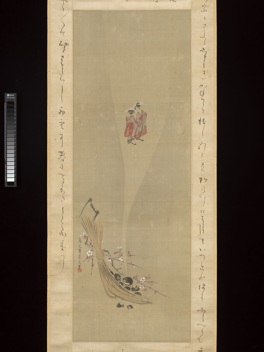Shellfish and Apparitions of the Yoshiwara Pleasure Quarter, Chōbunsai Eishi (Japanese, 1756–1829), Triptych of hanging scrolls with inscribed mountings; painting: ink and color on silk; calligraphy: ink on silk mounting fabric, Japan