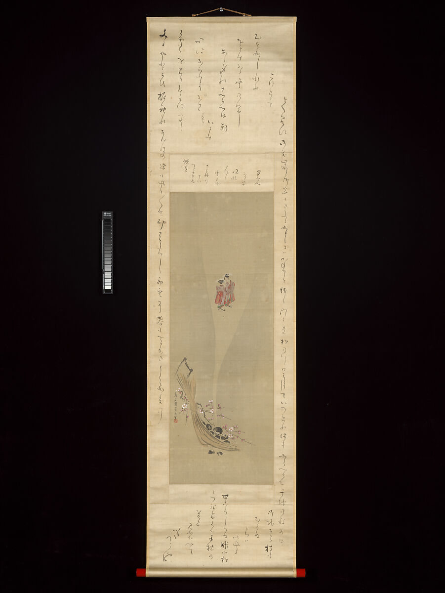 Shellfish and Apparitions of the Yoshiwara Pleasure Quarter, Chōbunsai Eishi (Japanese, 1756–1829), Triptych of hanging scrolls with inscribed mountings; painting: ink and color on silk; calligraphy: ink on silk mounting fabric, Japan