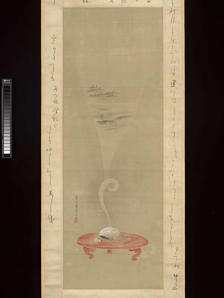Shellfish and Apparitions of the Yoshiwara Pleasure Quarter, Chōbunsai Eishi (Japanese, 1756–1829), Triptych of hanging scrolls with inscribed mountings; painting: ink and color on silk; calligraphy: ink on silk mounting fabric, Japan