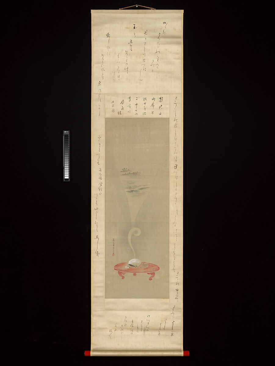 Shellfish and Apparitions of the Yoshiwara Pleasure Quarter, Chōbunsai Eishi (Japanese, 1756–1829), Triptych of hanging scrolls with inscribed mountings; painting: ink and color on silk; calligraphy: ink on silk mounting fabric, Japan