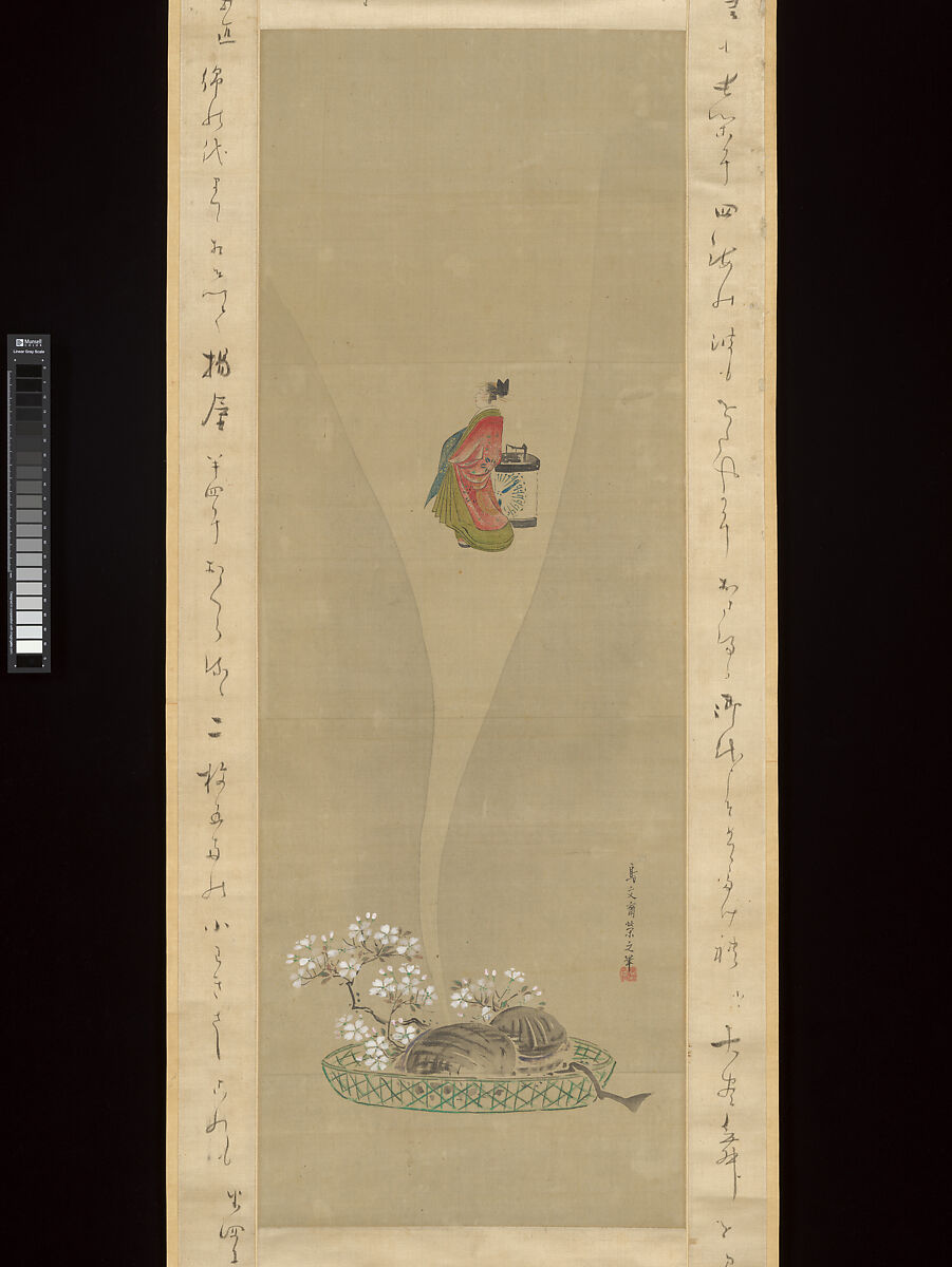 Shellfish and Apparitions of the Yoshiwara Pleasure Quarter, Chōbunsai Eishi (Japanese, 1756–1829), Triptych of hanging scrolls with inscribed mountings; painting: ink and color on silk; calligraphy: ink on silk mounting fabric, Japan