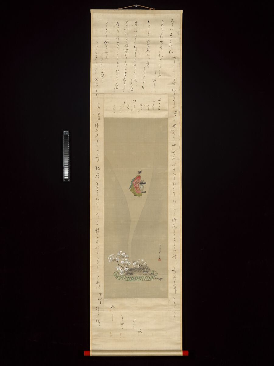 Shellfish and Apparitions of the Yoshiwara Pleasure Quarter, Chōbunsai Eishi (Japanese, 1756–1829), Triptych of hanging scrolls with inscribed mountings; painting: ink and color on silk; calligraphy: ink on silk mounting fabric, Japan