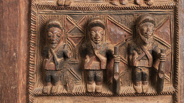 Ìlẹ̀kùn ààfin (Ìsẹ̀ palace door), Olowe of Ise (Nigerian, born Efon-Alaaye, ca. 1873–1938), Iroko wood, paint, Yoruba peoples