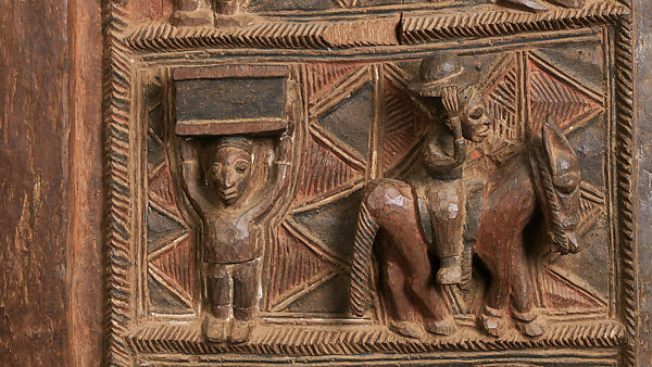 Ìlẹ̀kùn ààfin (Ìsẹ̀ palace door), Olowe of Ise (Nigerian, born Efon-Alaaye, ca. 1873–1938), Iroko wood, paint, Yoruba peoples