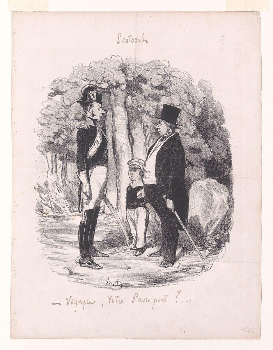 Traveler, Your Passport?, from Pastorales (Romance of Country Life), Honoré Daumier (French, Marseilles 1808–1879 Valmondois), Lithograph on wove paper; first state of two, proof 