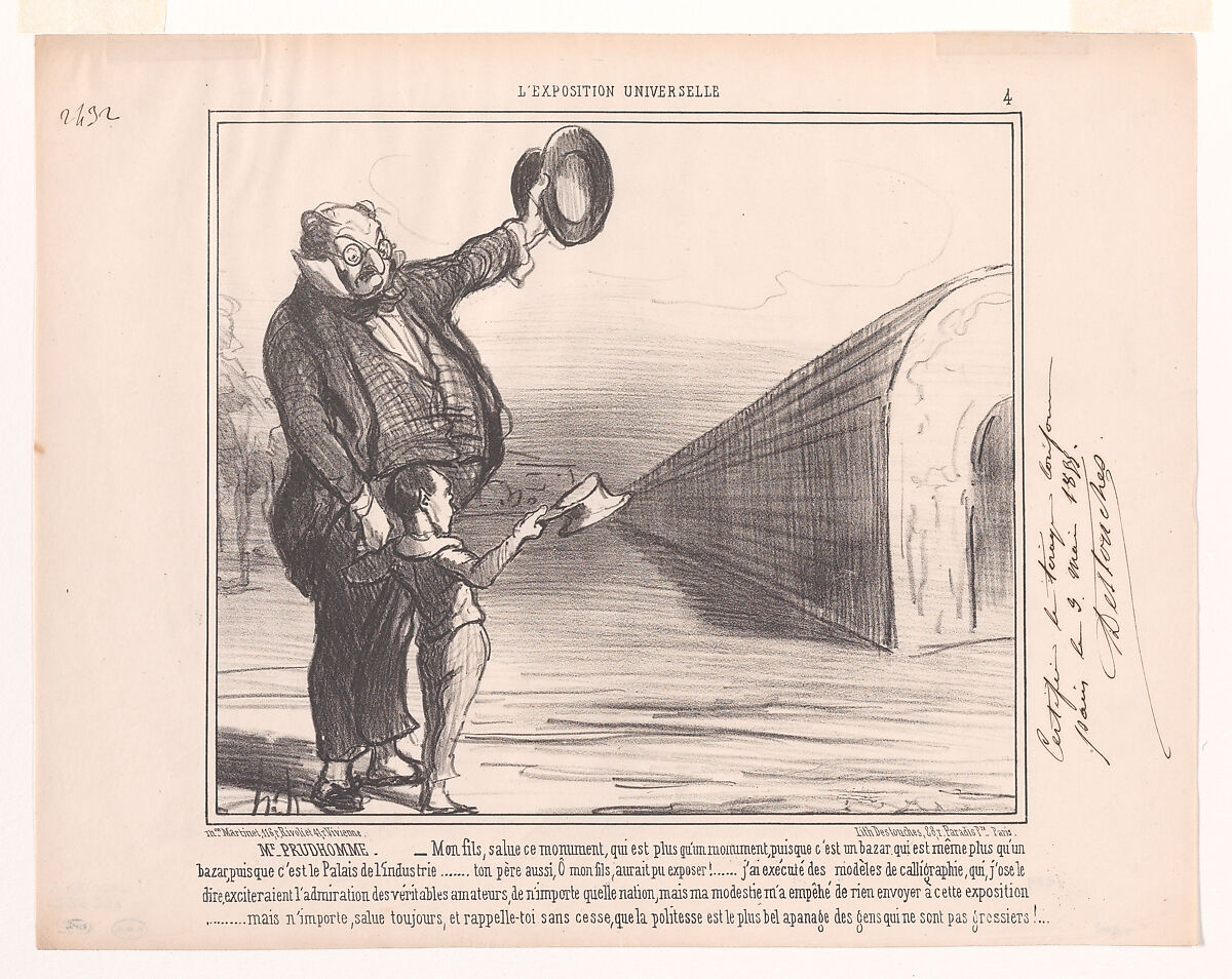 Mr. Prudhomme: – My son, salute this monument..., from L'Exposition Universelle, Honoré Daumier (French, Marseilles 1808–1879 Valmondois), Lithograph on thin Japan paper; second state of two, proof 