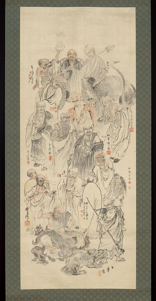 Collaborative Painting of Sixteen Arhats, Suzuki Hyakunen 鈴木百年 (Japanese, 1825–1891), Hanging scroll; ink and color on satin, Japan 