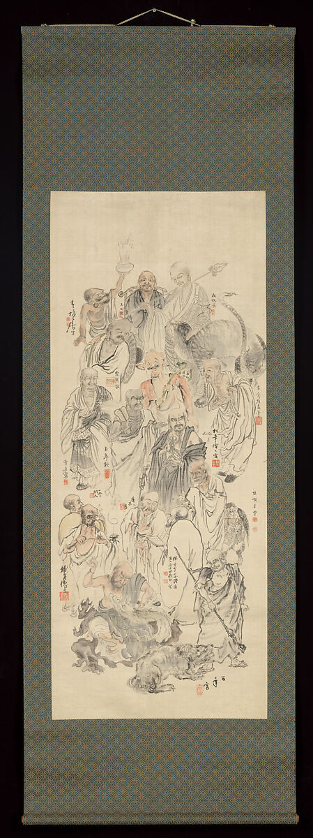 Collaborative Painting of Sixteen Arhats, Suzuki Hyakunen 鈴木百年 (Japanese, 1825–1891), Hanging scroll; ink and color on satin, Japan