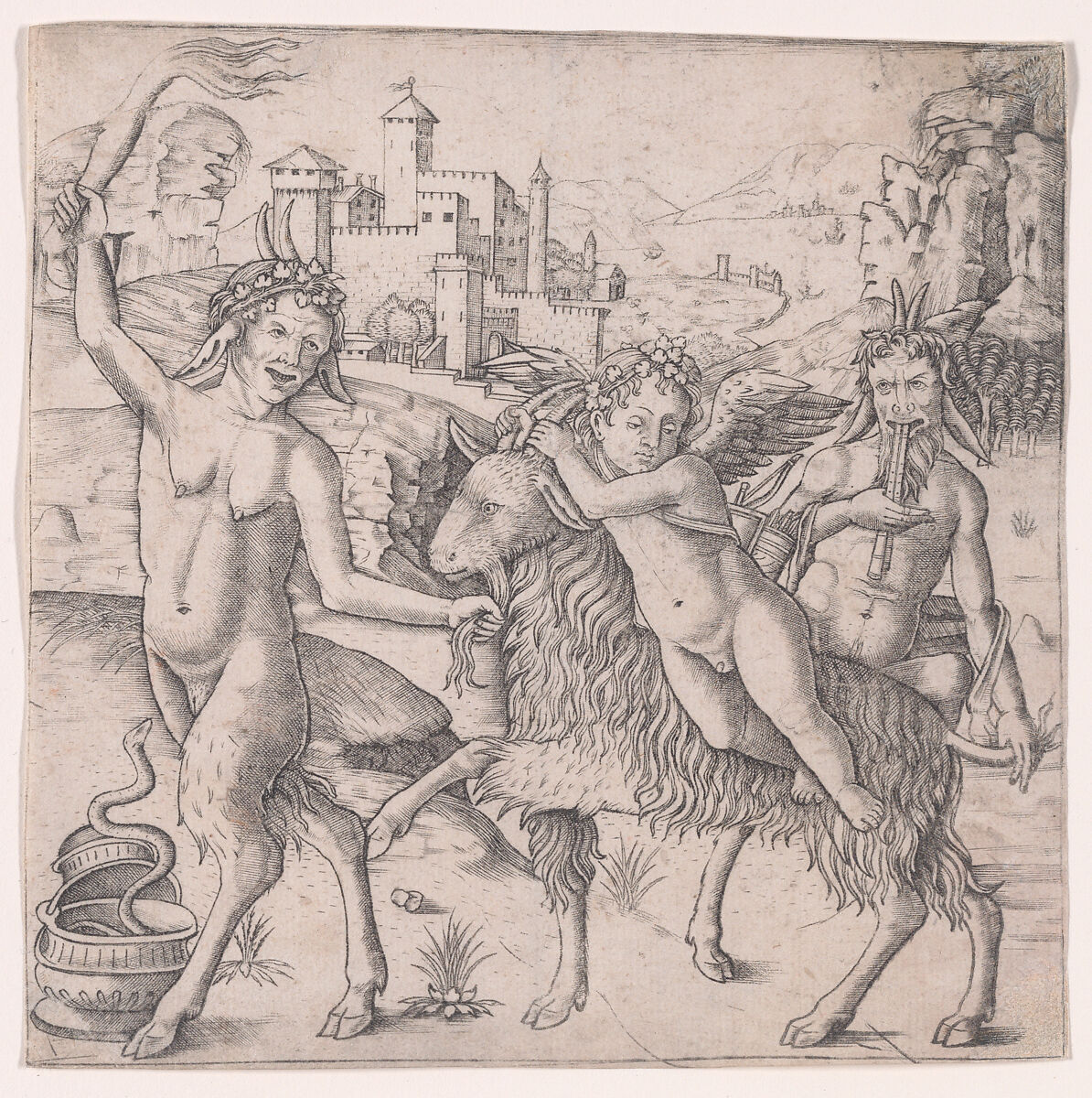 Cupid riding a goat accompanied by two satyrs, landscape in the background, Circle of Giovanni Pietro da Birago (Italian, active ca. 1470–1513), Engraving 