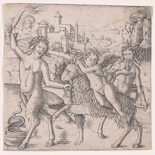 Cupid riding a goat accompanied by two satyrs, landscape in the background
