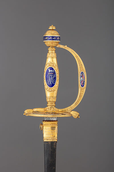 Smallsword and Scabbard Presented to Captain Alexander Cochrane, James Morisset (British, London 1738–1815), Steel, gold, enamel, wood, leather, British, London