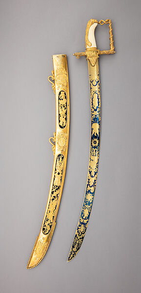 Patriotic Fund Sword with Scabbard, of £100 Type Presented to Capt. Thomas Baker in 1805, Together with its Belt and One Extra Scabbard, Richard Teed (British, London, 1757–1816), Steel, gilt-brass, gold, ivory, textile, British, London