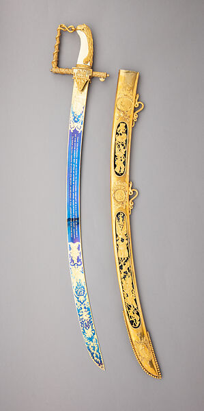 Patriotic Fund Sword with Scabbard, of £100 Type Presented to Capt. Thomas Baker in 1805, Together with its Belt and One Extra Scabbard, Richard Teed (British, London, 1757–1816), Steel, gilt-brass, gold, ivory, textile, British, London