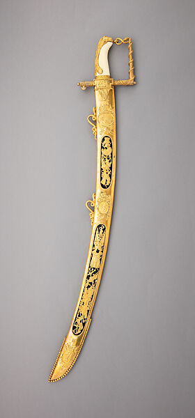 Patriotic Fund Sword with Scabbard, of £100 Type Presented to Capt. Thomas Baker in 1805, Together with its Belt and One Extra Scabbard, Richard Teed (British, London, 1757–1816), Steel, gilt-brass, gold, ivory, textile, British, London