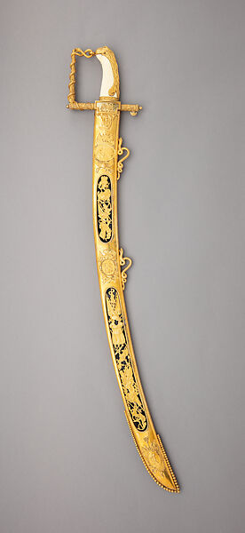 Patriotic Fund Sword with Scabbard, of £100 Type Presented to Capt. Thomas Baker in 1805, Together with its Belt and One Extra Scabbard, Richard Teed (British, London, 1757–1816), Steel, gilt-brass, gold, ivory, textile, British, London