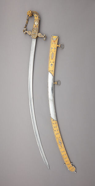 Presentation Saber with Scabbard, Royal Arms Manufactory at Torre Annunziata (Italian, Naples, established 1757), Steel, copper alloy, wood, gold, mother-of-pearl, coral, Italian, Naples