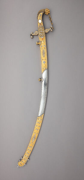 Presentation Saber with Scabbard, Royal Arms Manufactory at Torre Annunziata (Italian, Naples, established 1757), Steel, copper alloy, wood, gold, mother-of-pearl, coral, Italian, Naples