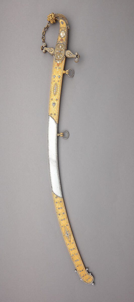 Presentation Saber with Scabbard, Royal Arms Manufactory at Torre Annunziata (Italian, Naples, established 1757), Steel, copper alloy, wood, gold, mother-of-pearl, coral, Italian, Naples