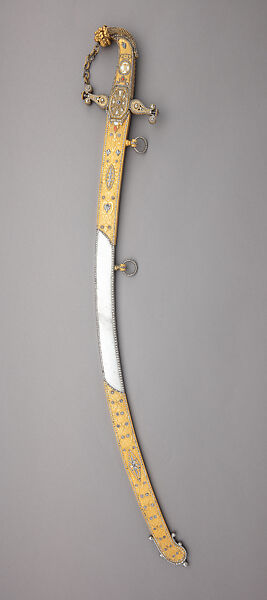 Presentation Saber with Scabbard, Royal Arms Manufactory at Torre Annunziata (Italian, Naples, established 1757), Steel, copper alloy, wood, gold, mother-of-pearl, coral, Italian, Naples