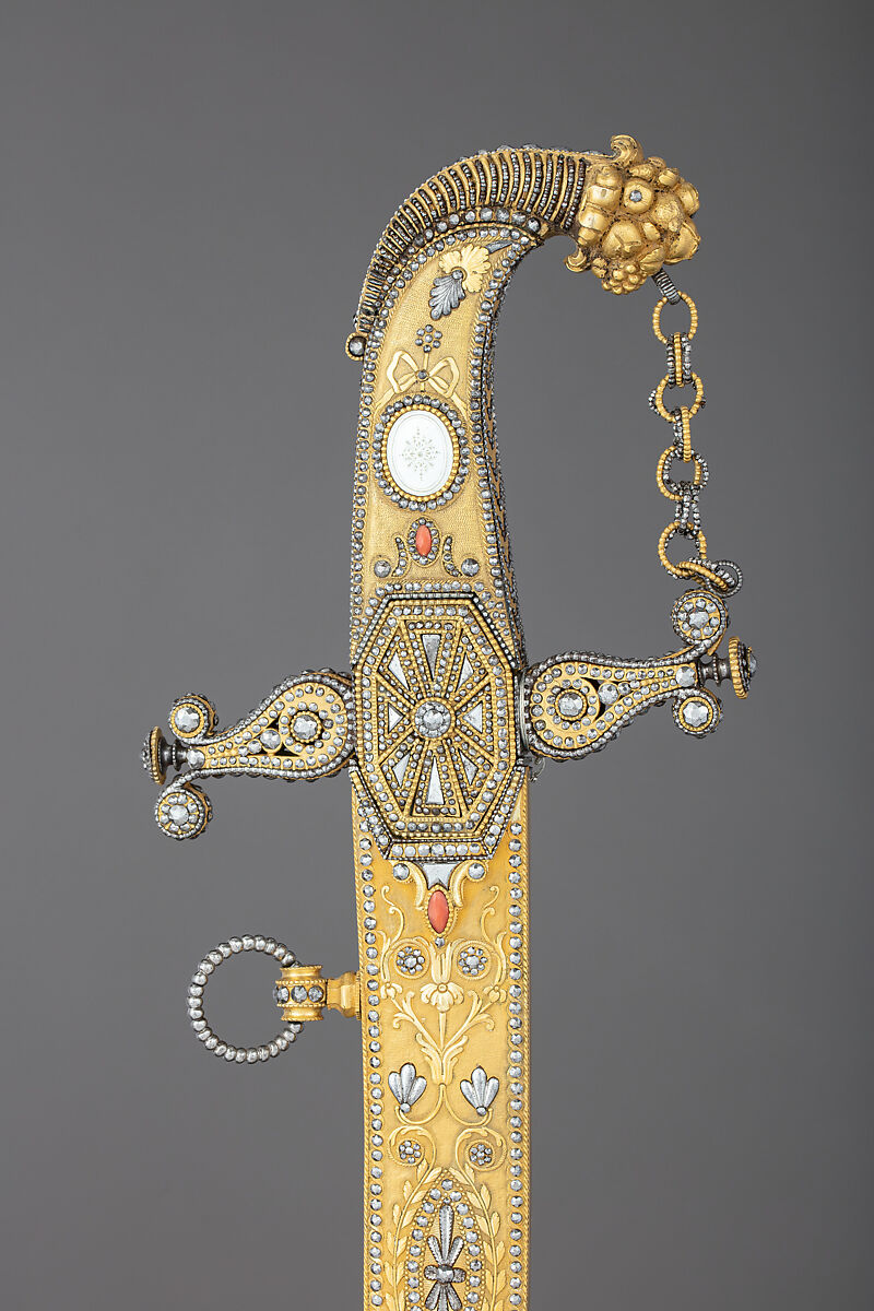 Presentation Saber with Scabbard, Royal Arms Manufactory at Torre Annunziata (Italian, Naples, established 1757), Steel, copper alloy, wood, gold, mother-of-pearl, coral, Italian, Naples