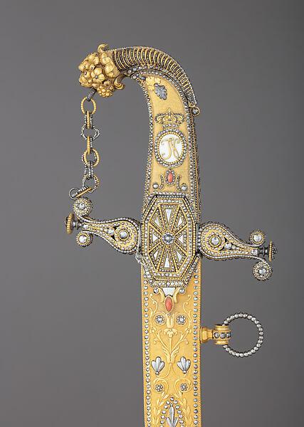 Presentation Saber with Scabbard, Royal Arms Manufactory at Torre Annunziata (Italian, Naples, established 1757), Steel, copper alloy, wood, gold, mother-of-pearl, coral, Italian, Naples 