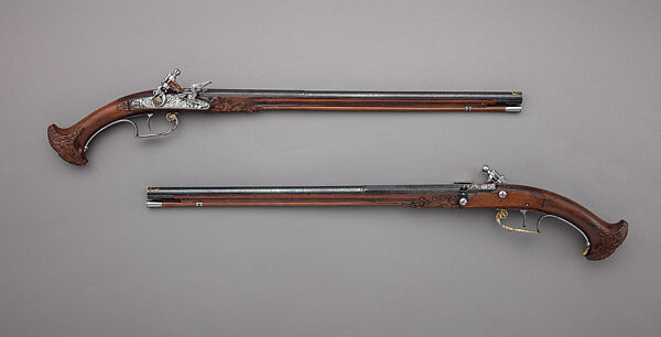 Pair of Flintlock Holster Pistols Made for Louis XIV of France (r. 1643–1715), Pierre Cisteron (French, ca. 1589–1684), Steel, fruitwood, gold, silver, French, Figeac 