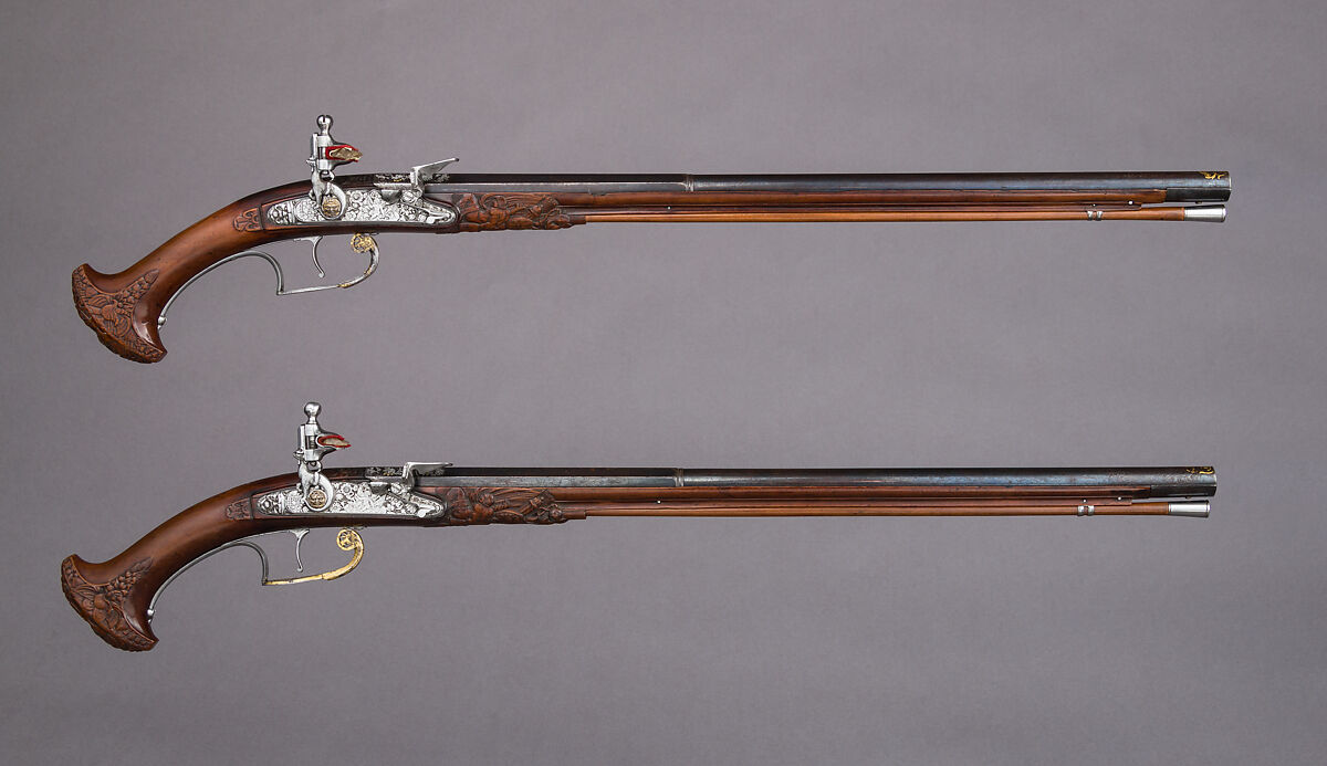 Pair of Flintlock Holster Pistols Made for Louis XIV of France (r. 1643–1715), Pierre Cisteron (French, ca. 1589–1684), Steel, fruitwood, gold, silver, French, Figeac