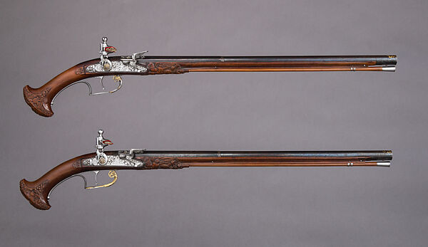 Pair of Flintlock Holster Pistols Made for Louis XIV of France (r. 1643–1715), Pierre Cisteron (French, ca. 1589–1684), Steel, fruitwood, gold, silver, French, Figeac