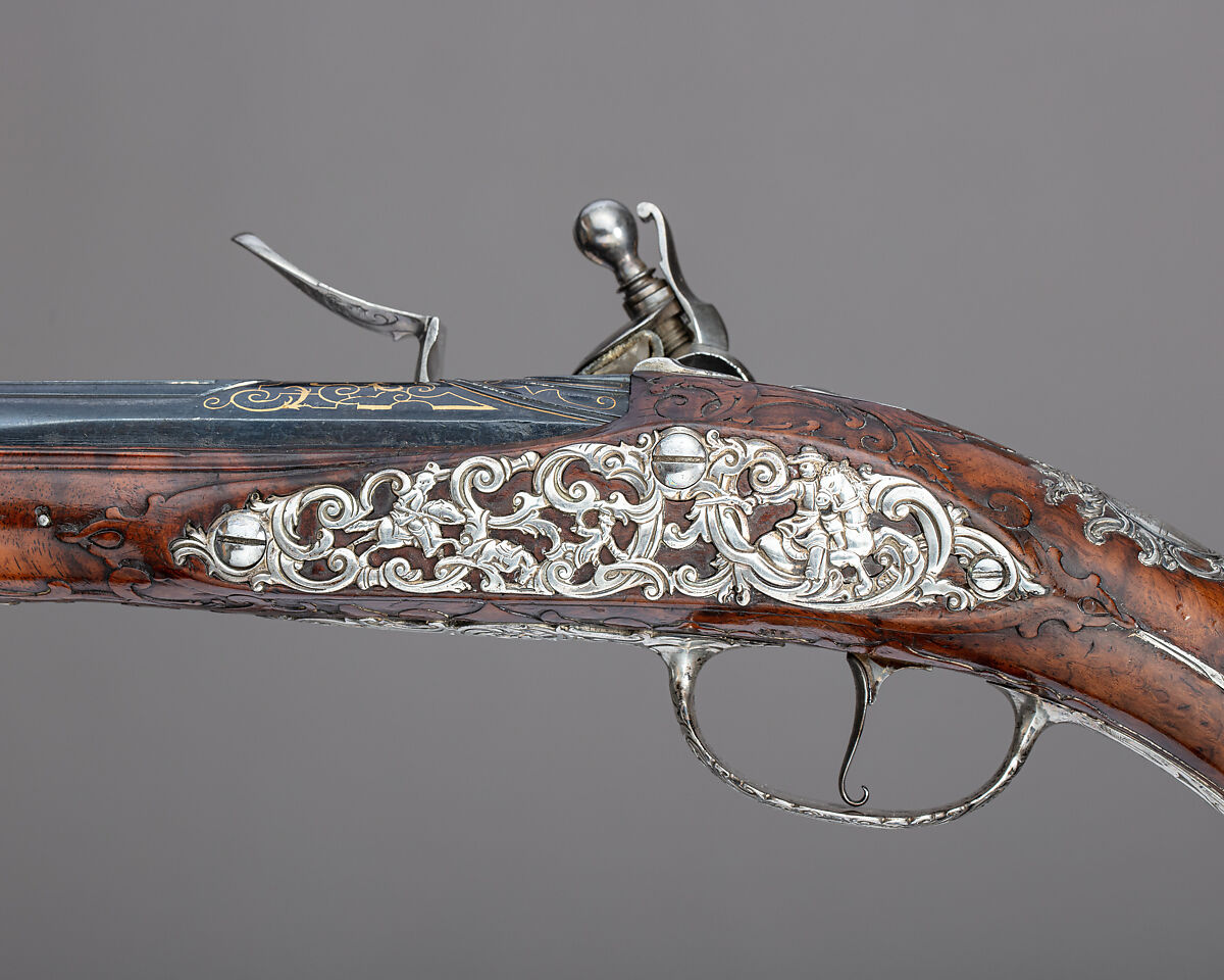 Pair of Flintlock Holster Pistols with the Arms of Liechtenstein, Georg Keiser (Austrian, Eger 1647–ca. 1740 Vienna), Steel, wood (walnut), silver, gold, Austrian, Vienna