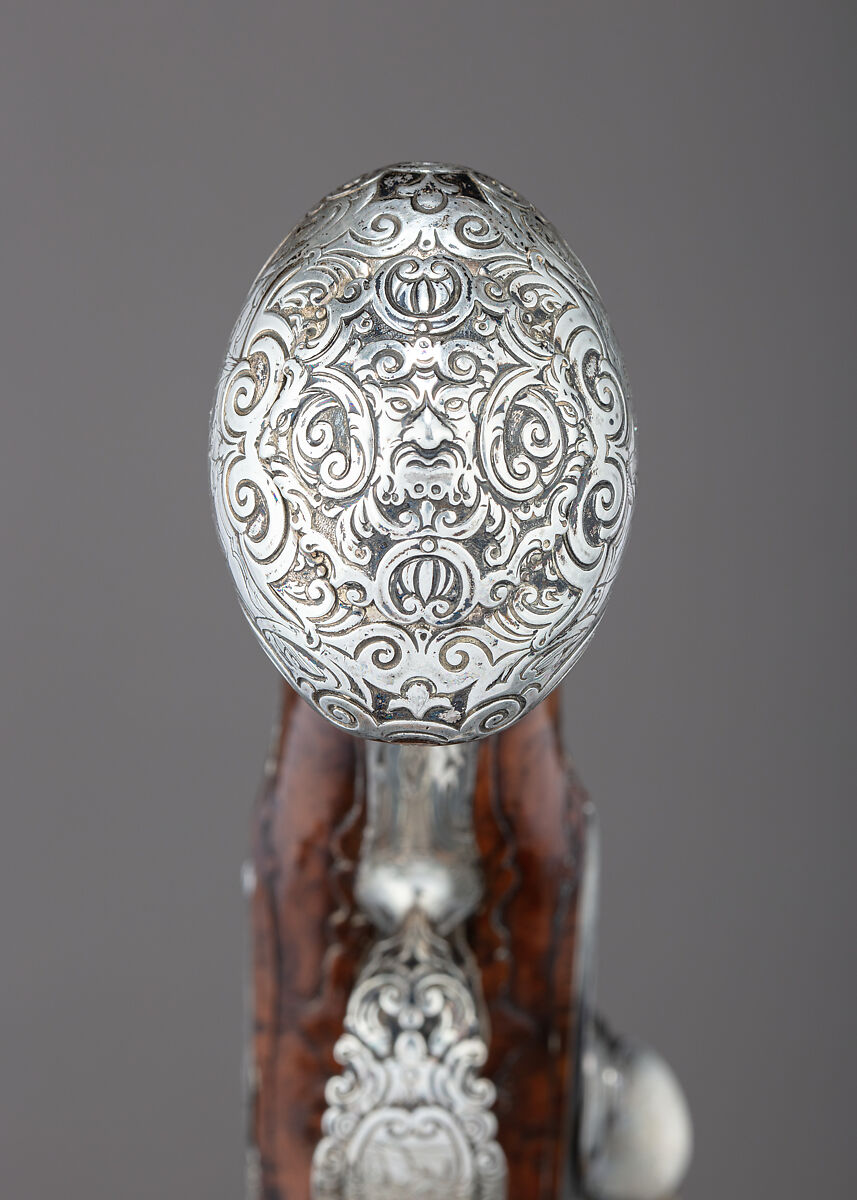 Pair of Flintlock Holster Pistols with the Arms of Liechtenstein, Georg Keiser (Austrian, Eger 1647–ca. 1740 Vienna), Steel, wood (walnut), silver, gold, Austrian, Vienna