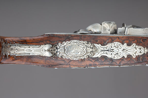 Pair of Flintlock Holster Pistols with the Arms of Liechtenstein, Georg Keiser (Austrian, Eger 1647–ca. 1740 Vienna), Steel, wood (walnut), silver, gold, Austrian, Vienna