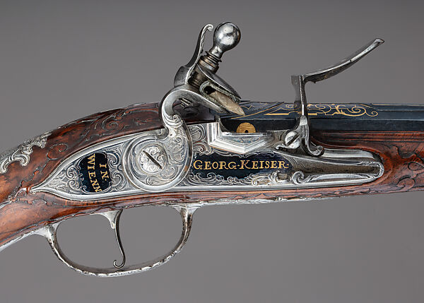 Pair of Flintlock Holster Pistols with the Arms of Liechtenstein, Georg Keiser (Austrian, Eger 1647–ca. 1740 Vienna), Steel, wood (walnut), silver, gold, Austrian, Vienna