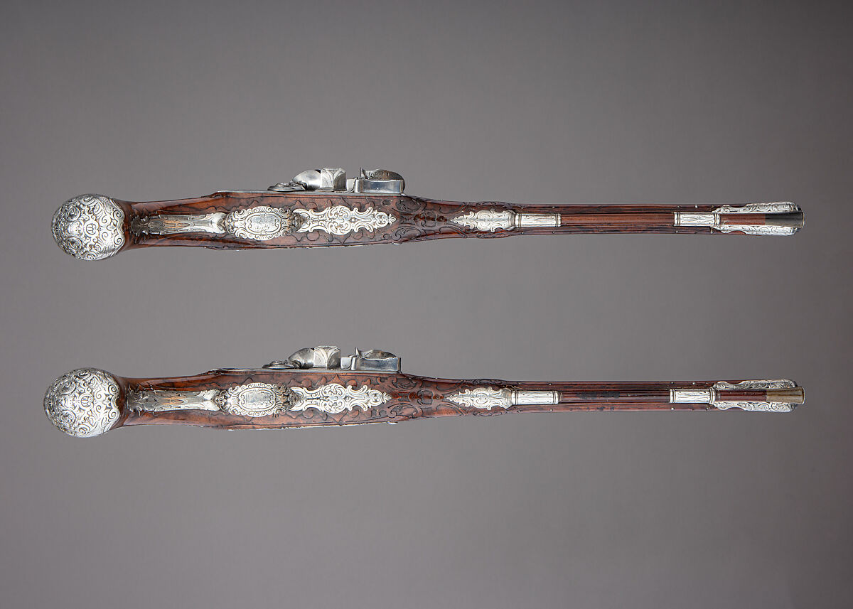 Pair of Flintlock Holster Pistols with the Arms of Liechtenstein, Georg Keiser (Austrian, Eger 1647–ca. 1740 Vienna), Steel, wood (walnut), silver, gold, Austrian, Vienna