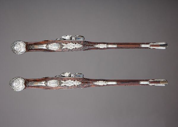 Pair of Flintlock Holster Pistols with the Arms of Liechtenstein, Georg Keiser (Austrian, Eger 1647–ca. 1740 Vienna), Steel, wood (walnut), silver, gold, Austrian, Vienna