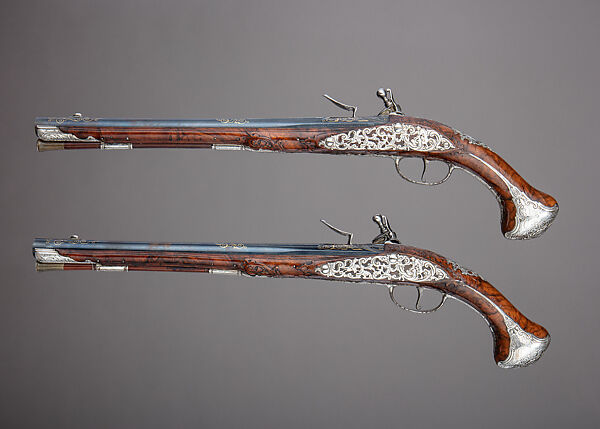 Pair of Flintlock Holster Pistols with the Arms of Liechtenstein, Georg Keiser (Austrian, Eger 1647–ca. 1740 Vienna), Steel, wood (walnut), silver, gold, Austrian, Vienna