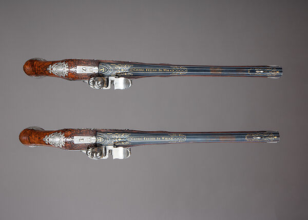 Pair of Flintlock Holster Pistols with the Arms of Liechtenstein, Georg Keiser (Austrian, Eger 1647–ca. 1740 Vienna), Steel, wood (walnut), silver, gold, Austrian, Vienna