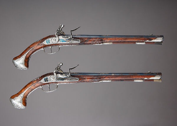 Pair of Flintlock Holster Pistols with the Arms of Liechtenstein, Georg Keiser  Austrian, Steel, wood (walnut), silver, gold, Austrian, Vienna