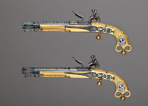 Pair of Flintlock Pistols of Scottish Type Presented to Jeffrey, 1st Baron Amherst (1717–1797), John Murdoch (Scottish, Doune, Perthshire, active 1750–died 1812), Steel, copper alloy, gold, enamel, agate, textile (silk), British, Doune (Scotland) and probably London